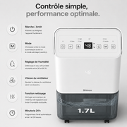 Déshumidificateur silencieux 10L - humidistat réglable automatique