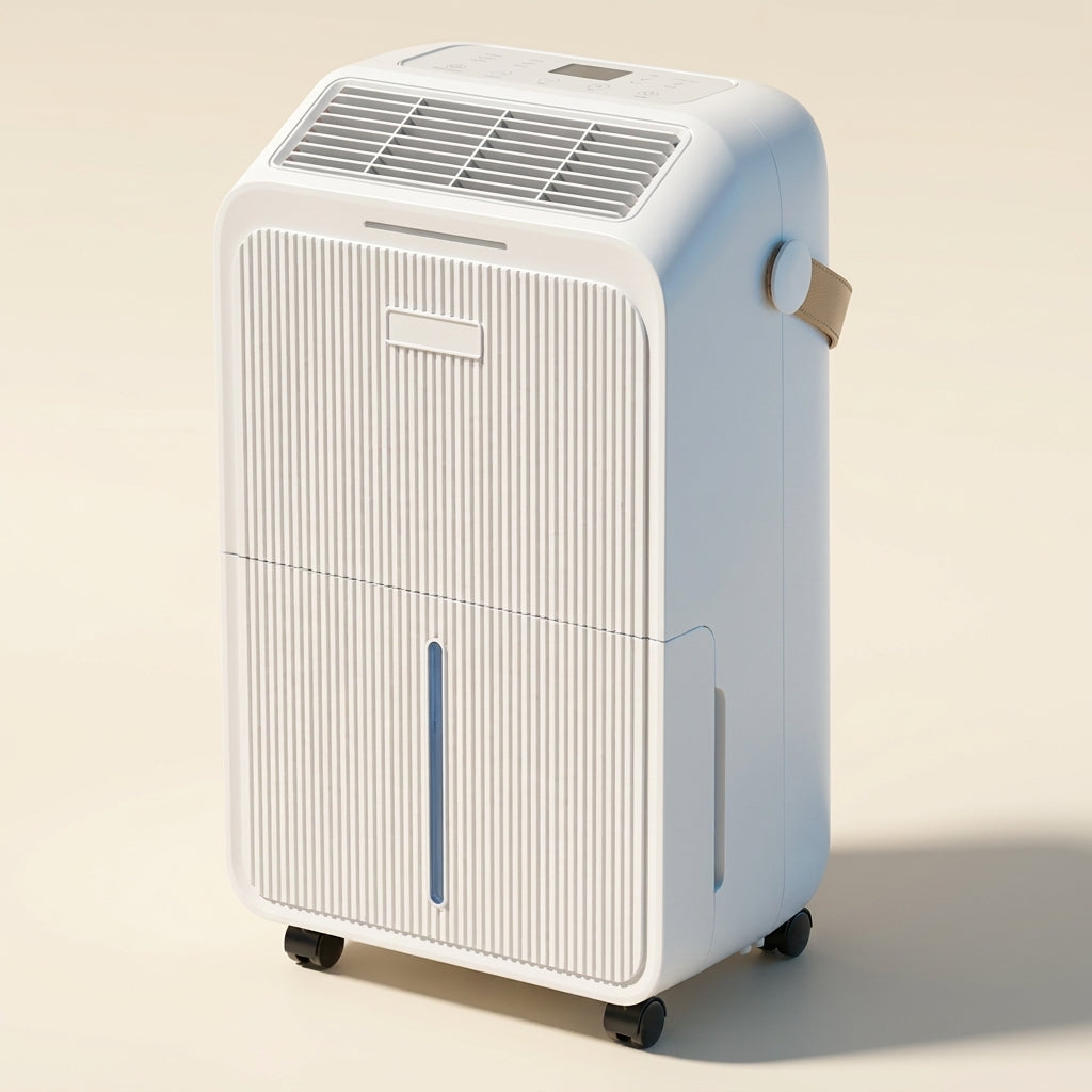 Vue technique du déshumidificateur 24 L avec poignée et roulettes